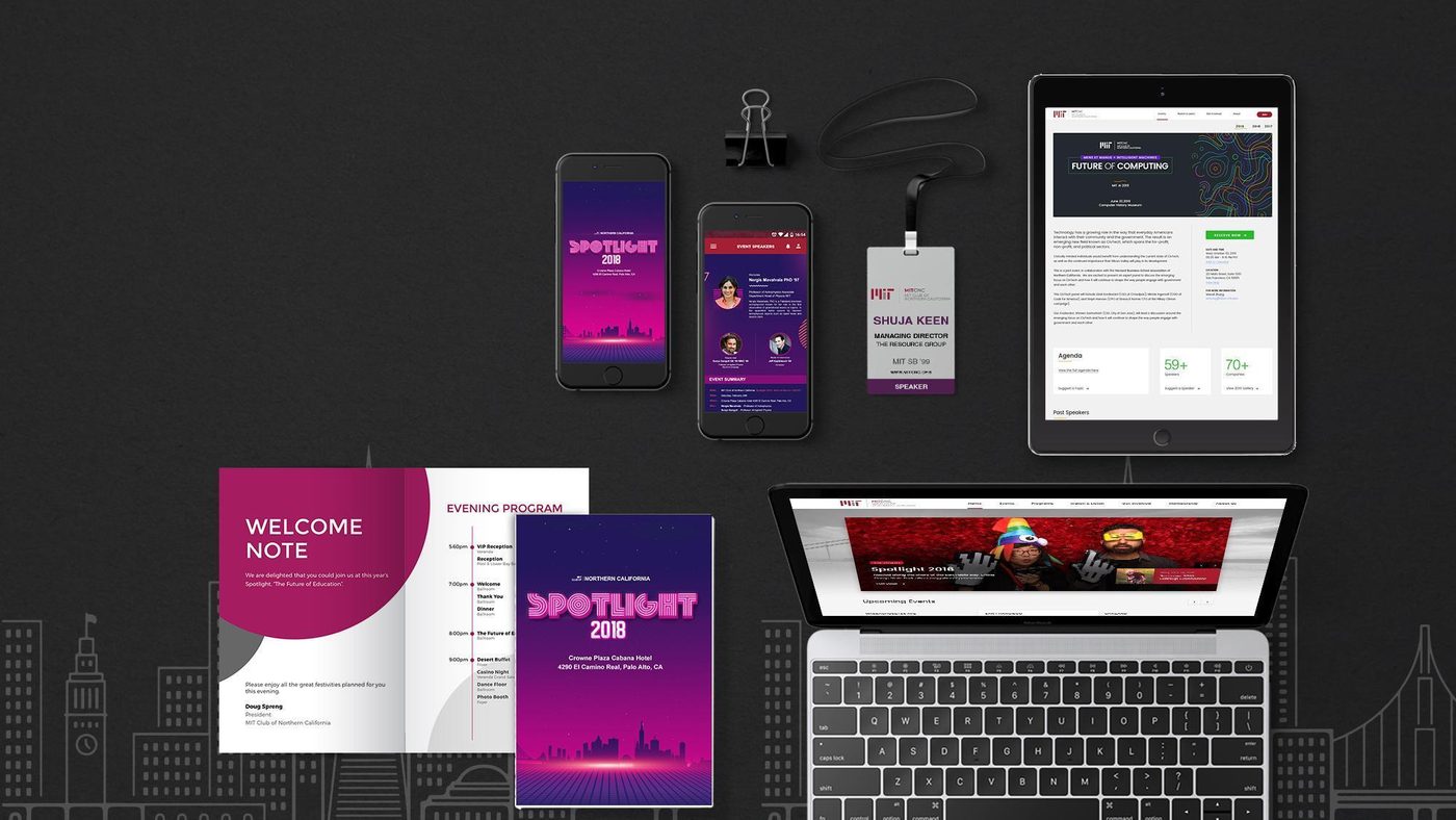 MIT Club of Northern California: Spotlight 2018: event identity, app screens, website and printed collateral.